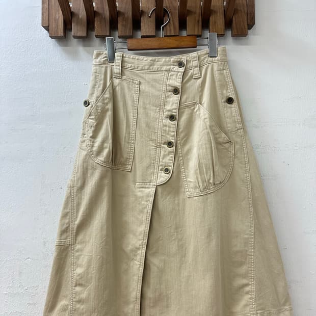 일본빈티지 베이지 버튼 코튼 혼방 A라인 미디 스커트 