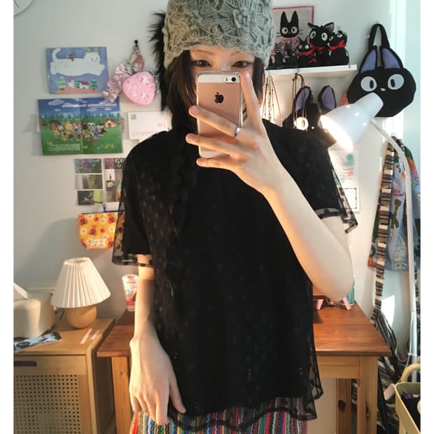 vintage sheer dot pattern mesh top black