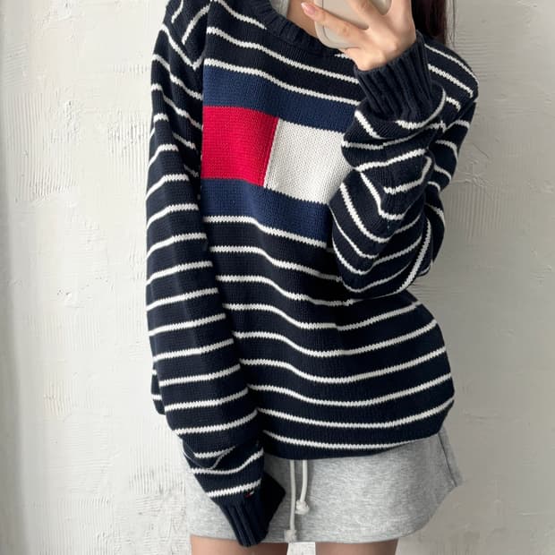 Tommy Hilfiger 타미힐피거 빅플래그로고 단가라 니트