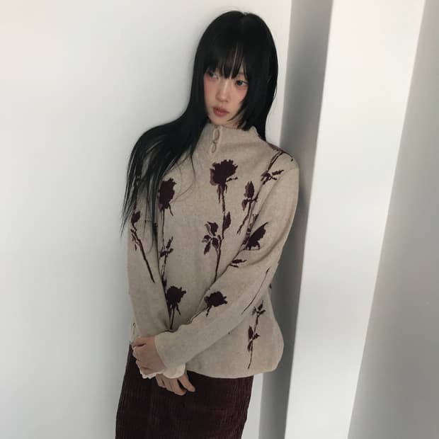 (Vintage)Half neck button rose knit