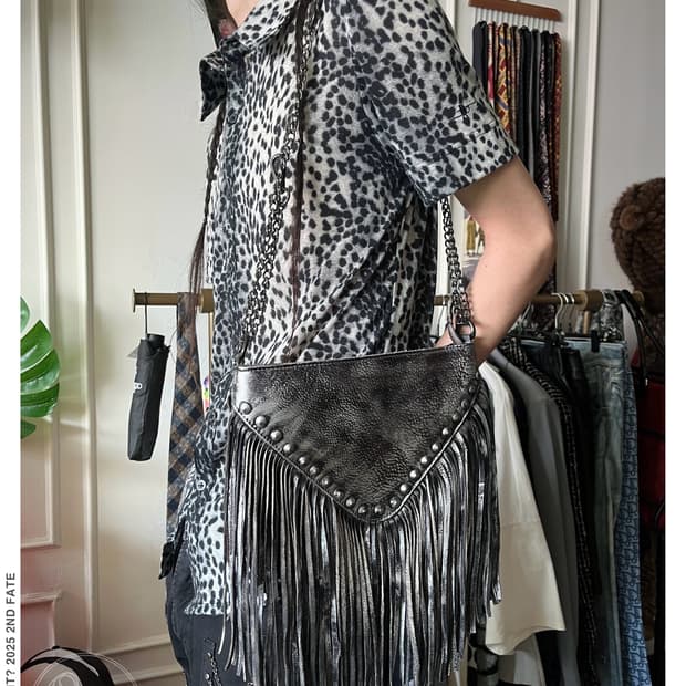 Real Leather Metallic Studed Fringe Bag