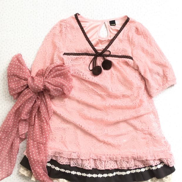 JPN/ 핑크 레이스 펀칭 미니 원피스 모리룩미니원피스 모리걸원피스