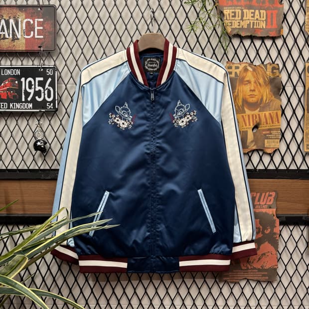 디즈니 밤비 스카쟌 전후면 자수 포인트 네이비 스카이블루