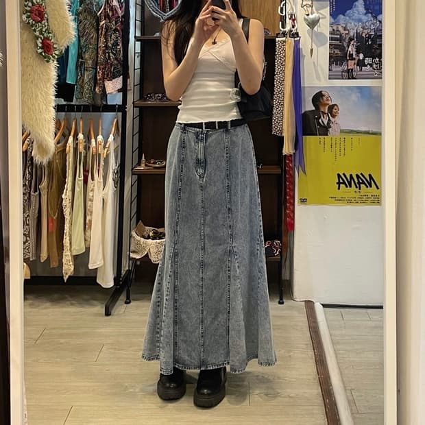 빈티지 데님 머메이드 맥시 롱스커트 연청 (벨트고리 있음)