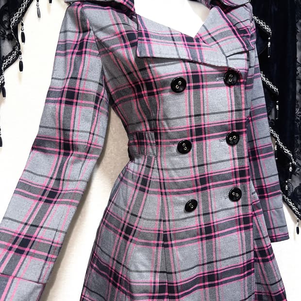 핑키걸즈 오네갸루 히메 키치 펑크 체크 플레어 코트 자켓 헤이세이 시부야