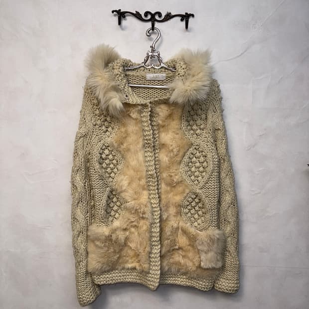 Ivory rex&fox fur wool hood cardigan