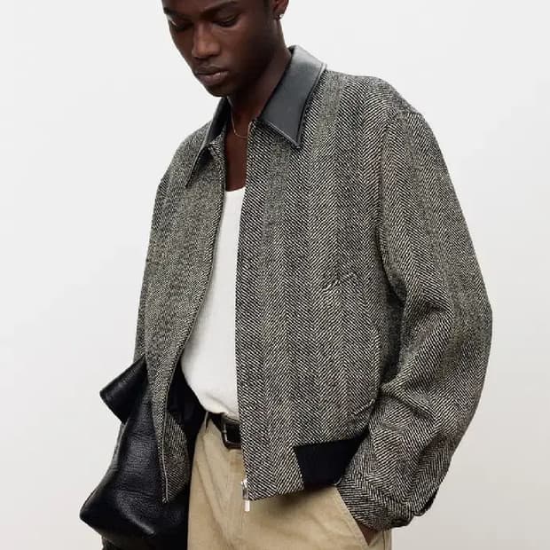 [L] 25fw 토니웩 레더 트림 울 헤링본 블루종