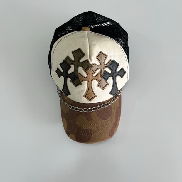 VINTAGE 크로스 패치 카모 트러커 캡