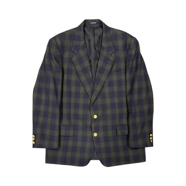 M) 제이프레스 네이비 타탄체크 금장 울 블레이저 OB-008