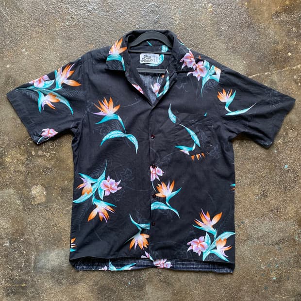 빈티지 하와이안 셔츠 블랙 꽃무늬