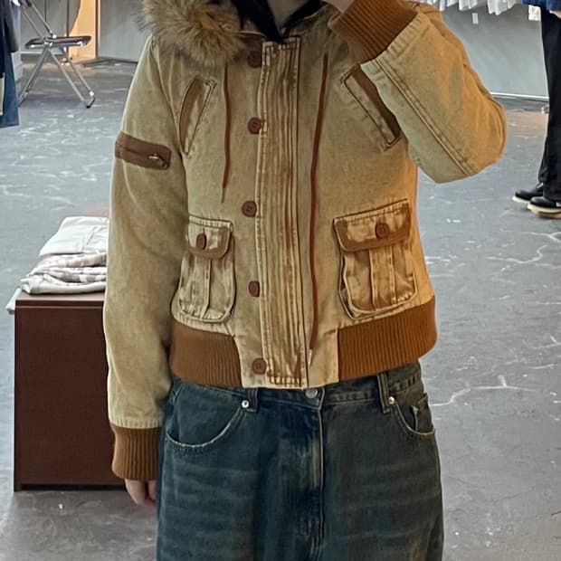 빈티지 y2k 버튼 퍼 후드자켓 (털 부착 가능) H1417