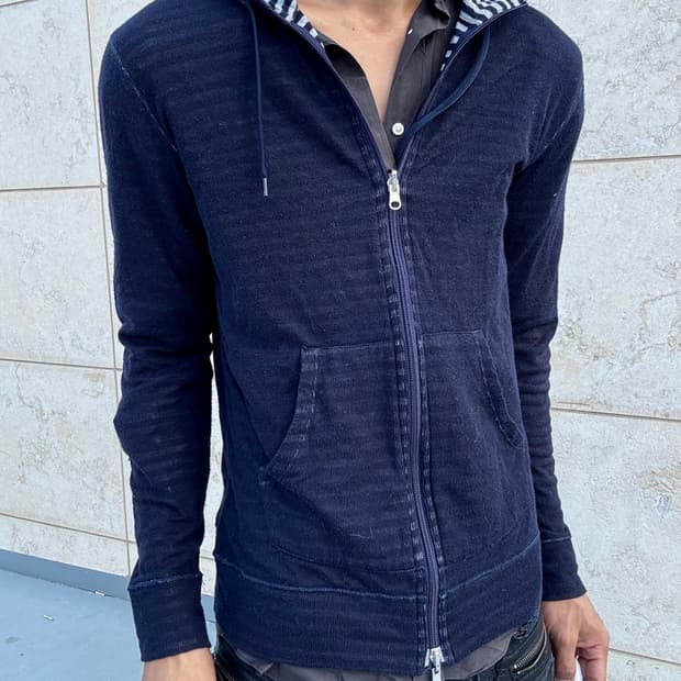 “Vintage” Navy&stipe reversible Hoodie 2