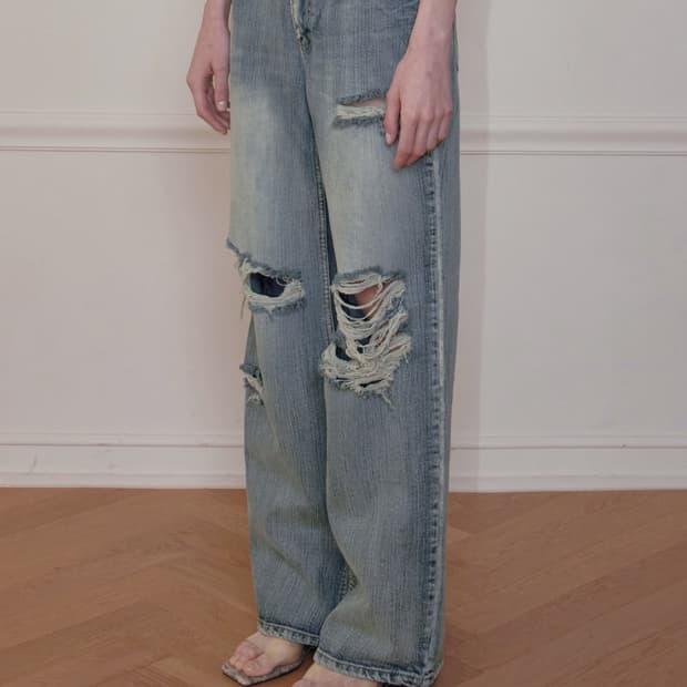 BOHEMSEO HIGHLIGHT DAMAGE WIDE PANTS BLU