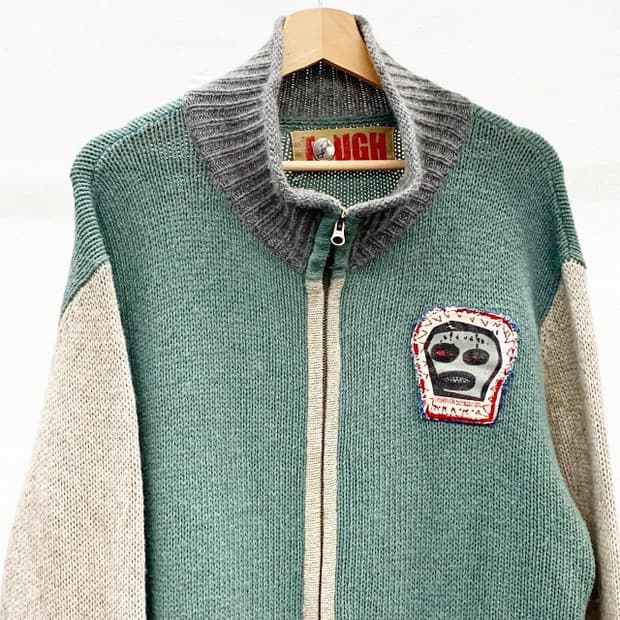 빈티지 워크 아트웤 와펜 폴로 집업 니트