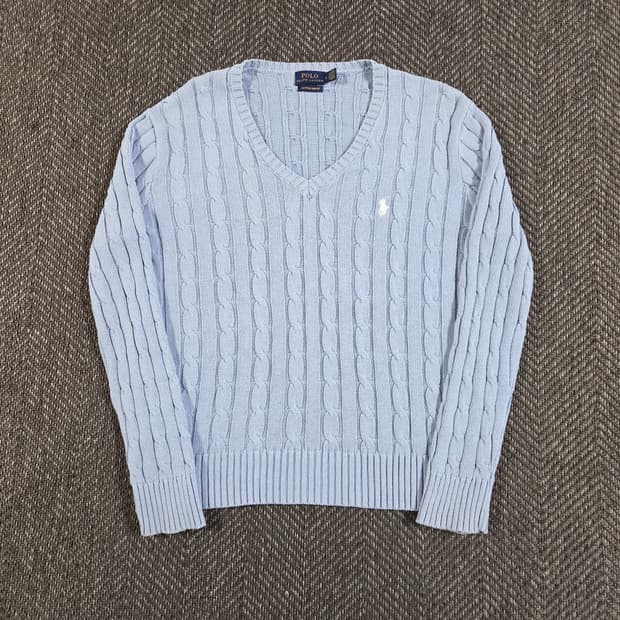 폴로 랄프로렌 라이트 블루 브이넥 케이블 니트
