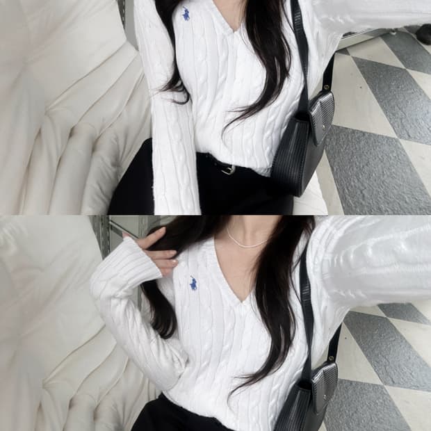 폴로 랄프로렌 화이트 V넥 케이블 니트 