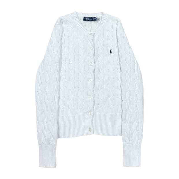 폴로 랄프로렌 QR 케이블 니트 코튼 크루넥 가디건 화이트 S