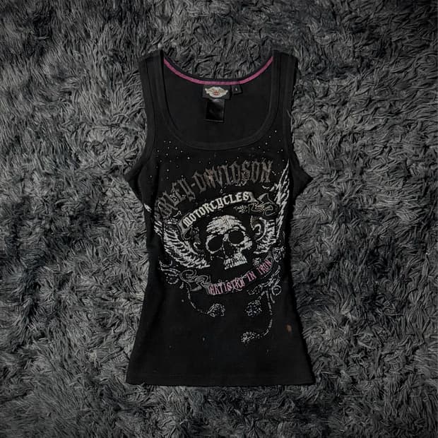 HARLEY DAVIDSON 고딕 레터링 스컬 윙 프린팅 블랙 슬리브리스
