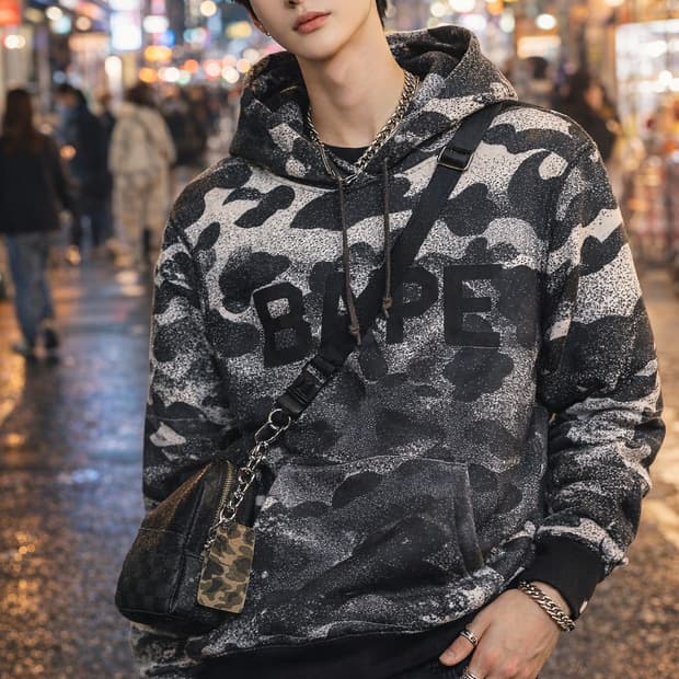 BAPE 베이프 블랙 그레이 카모 로고 후디