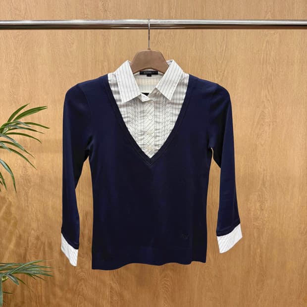 버버리 런던 레이어드 스트라이프 셔츠 브이넥 긴팔 니트 클래식 네이비