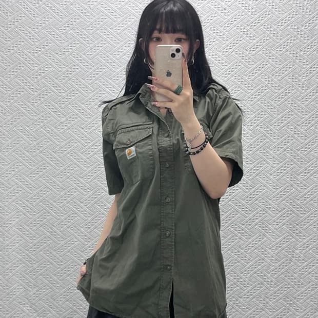 칼하트 빈티지 밀리터리 사파리 말차카키 워크 셔츠 L C12028