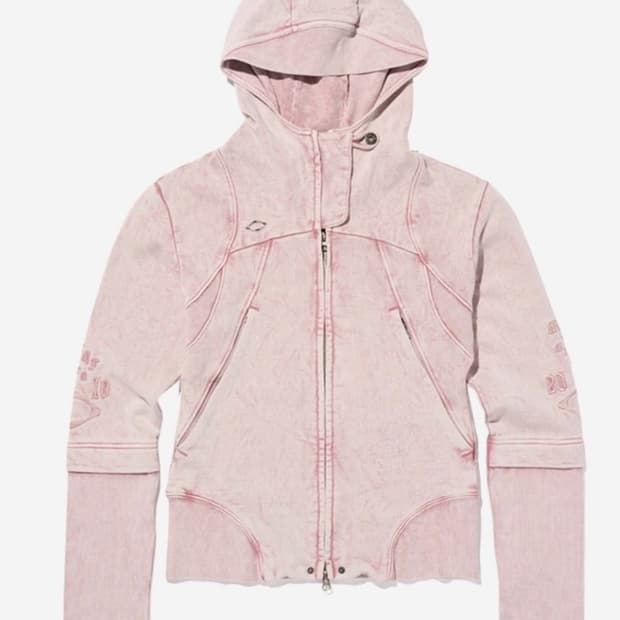 (W) 미스치프 컷 오프 후드 워시드 핑크 브라운 후드집업