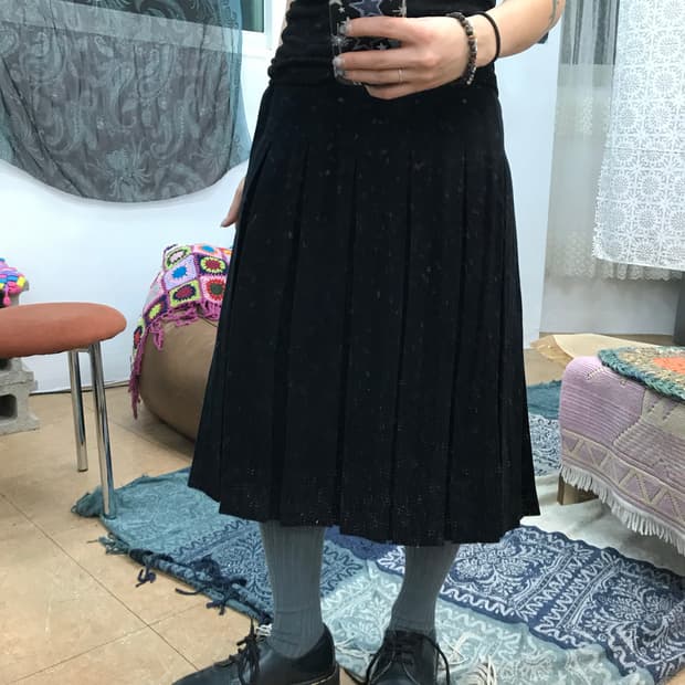 빈티지 블랙 모직 미디테니스스커트 