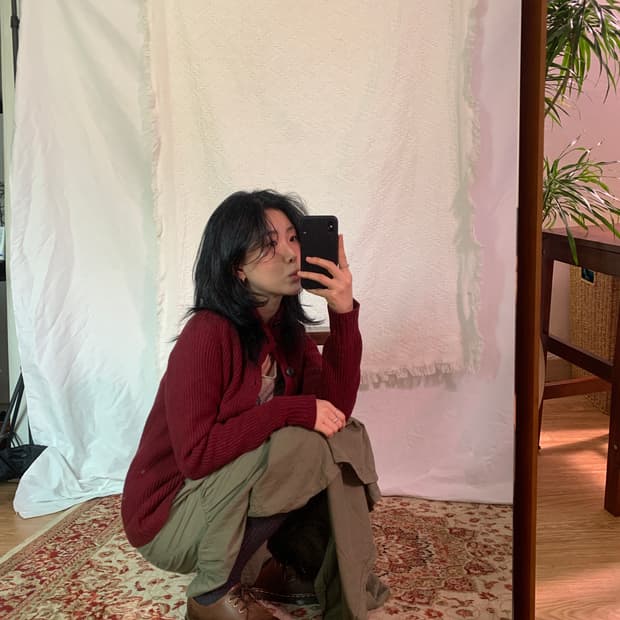 와인 니트 가디건