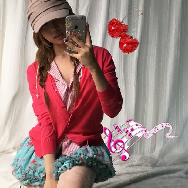 빈티지 핫핑크 레드 체리 코디세트