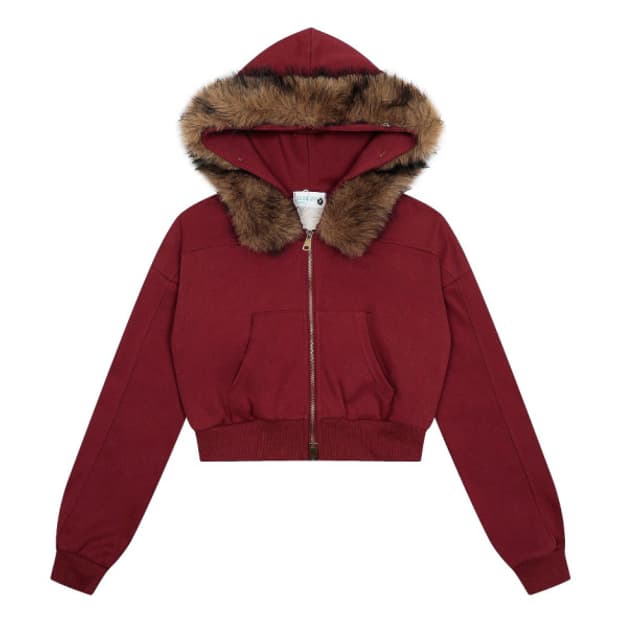 아사키프레자키 퍼 후드 집업 버건디