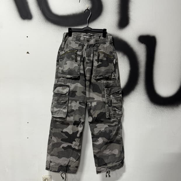 VTG 빈티지 멀티포켓 지퍼 디테일 카모 립스탑 와이드 카고 팬츠