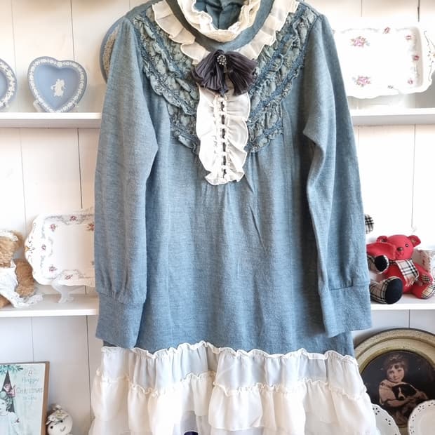 axes femme 프릴 하이넥 레이스 롱니트 원피스