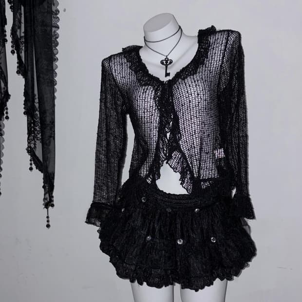 그물 크로셰 러플 블랙 가디건 다크엔젤 다크페어리 고스 공겜여주
