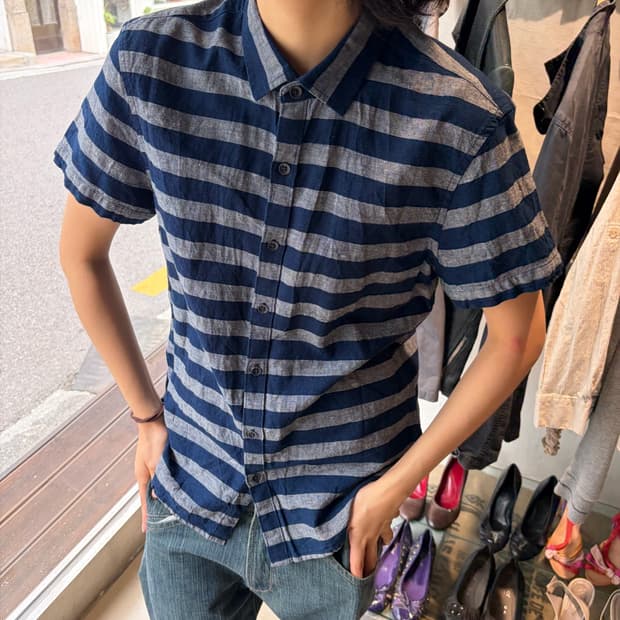 Armani Exchange 린넨 스트라이프 반팔 셔츠 S