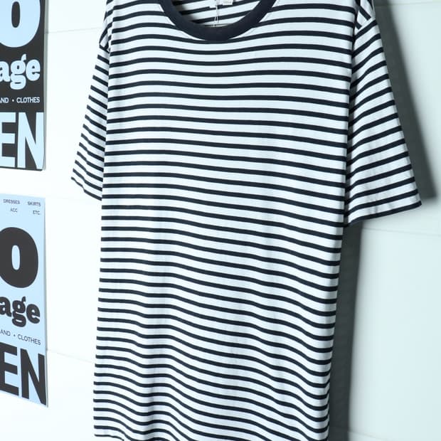 (L-2XL) 코스 반팔 티셔츠 오버핏 스트라이프 네이비-H34690