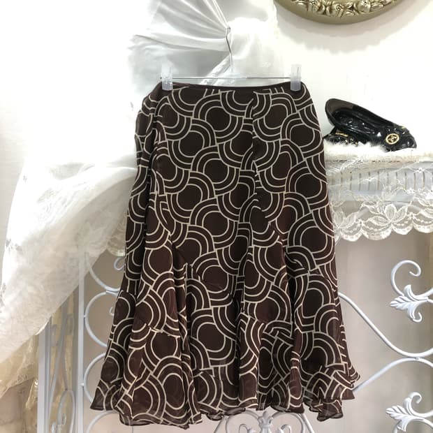 brown circle pattern frill midi skirt   