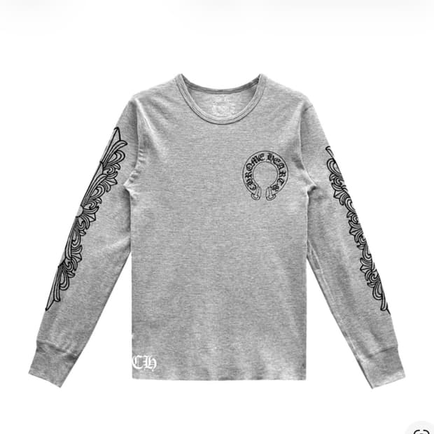 크롬하츠 홀스슈 로고 와플 써멀 플로럴 롱슬리브 티셔츠 그레이