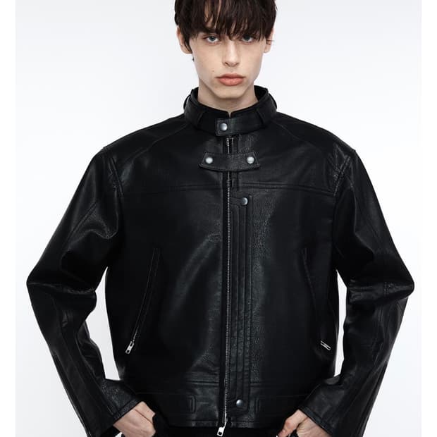 알렌느 BELTED 3D FAUX LEATHER BIKER JACKET 