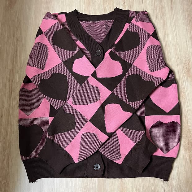 빈티지 딸기초코 핑크 브라운 하트 패턴 가디건