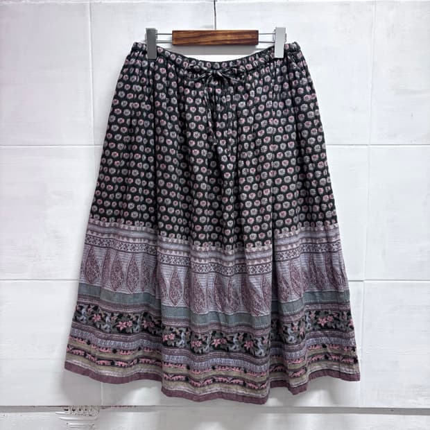 에스닉 패턴 히피 그런지 모리걸 미디 롱 스커트 JPN L