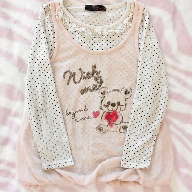 코지 베어 레터링 레이어드 도트 탑 라떼갸루 히메갸루 모리걸 로리타