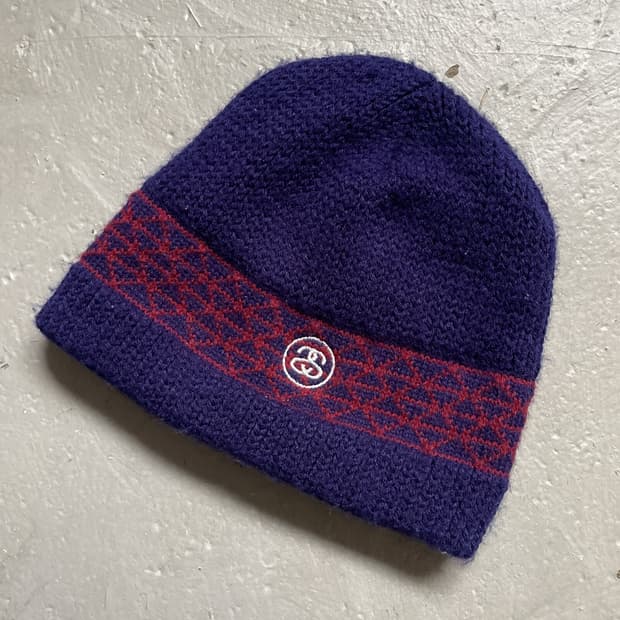 90s 스투시 다이아 패턴 로고 비니 퍼플레드