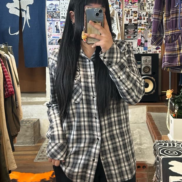 JPN 레터링 자수 후드 체크 셔츠