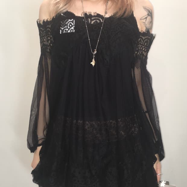 jpn vintage 블랙 시스루 레이스 블라우스
