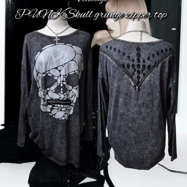 빈티지 펑크 스컬 그런지 지퍼 롱슬리브