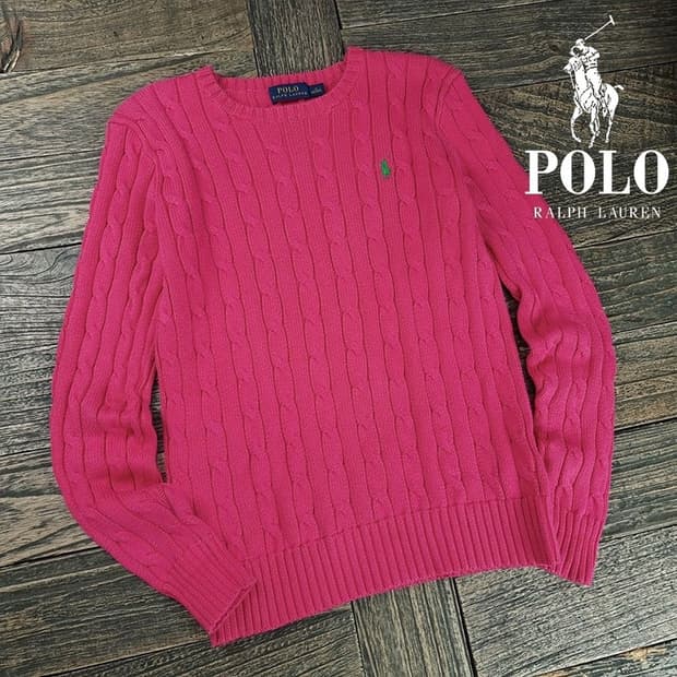 [폴로 랄프로렌] 포니 로고 자수 케이블 꽈배기 니트 핑크 M19975