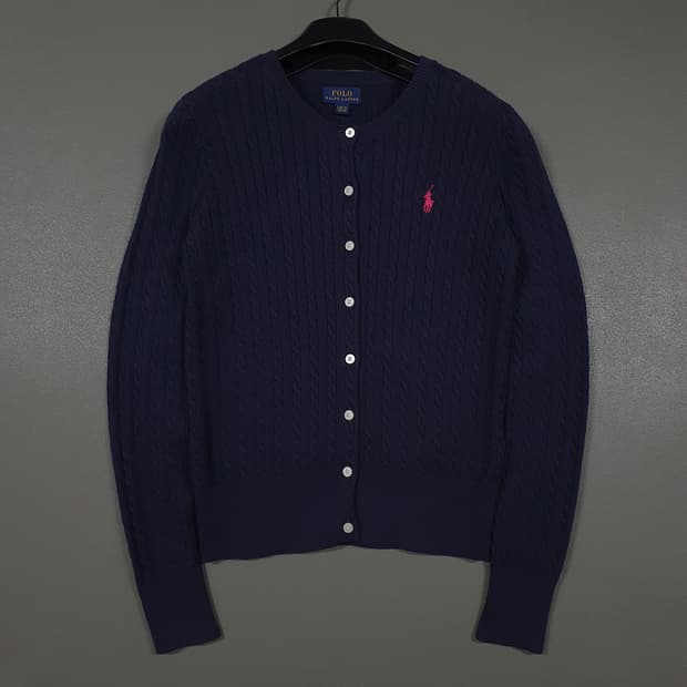 여성) 폴로 랄프로렌 신형 걸즈 포니 케이블 니트 꽈배기 가디건 네이비