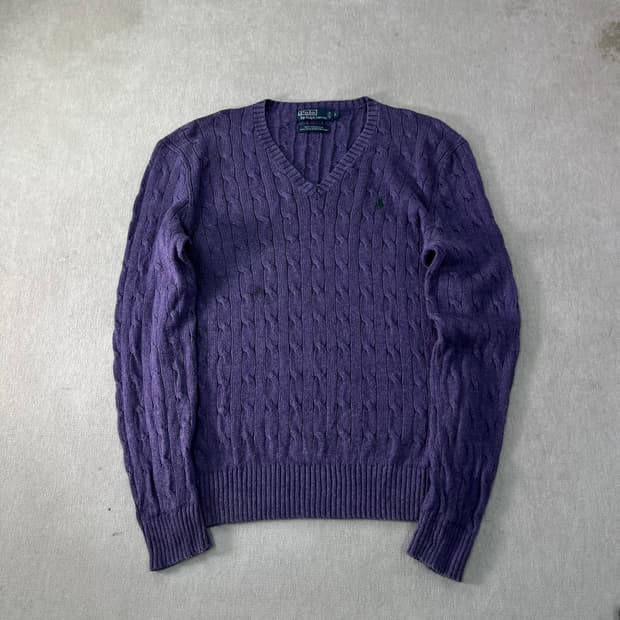 100 폴로랄프로렌 실크 꽈배기 브이넥 퍼플 니트