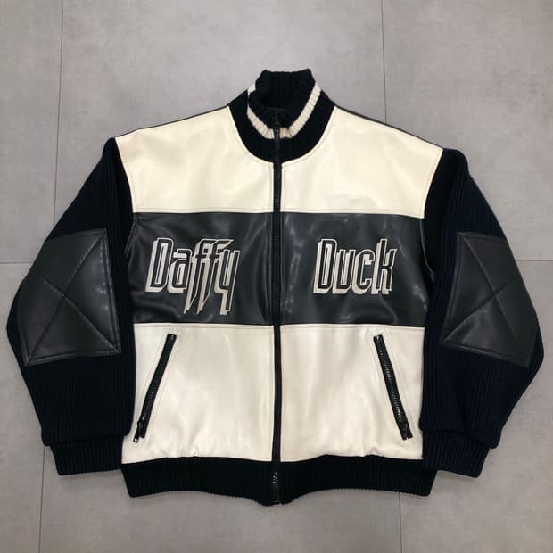 루니툰 대피덕 daffy duck 가죽 레더 니트 자켓