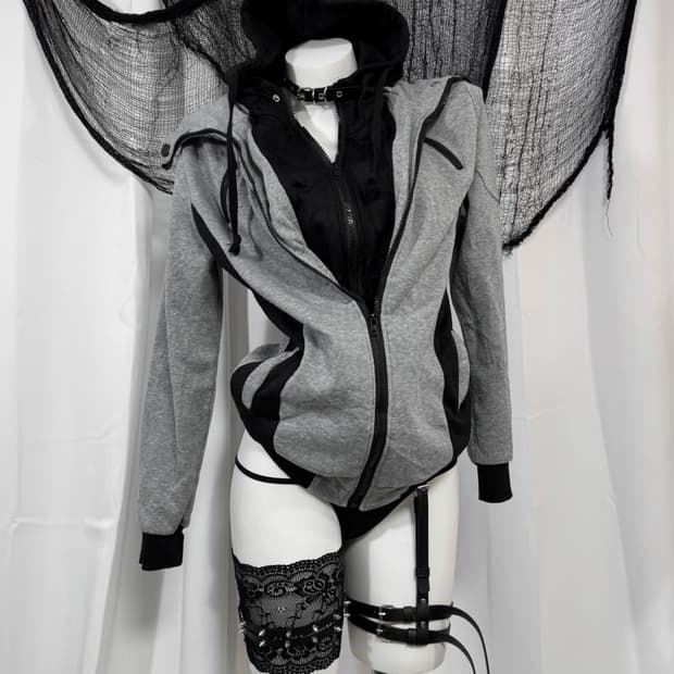 디테일 레이어드 후드집업 회색 검정 y2k 빈티지